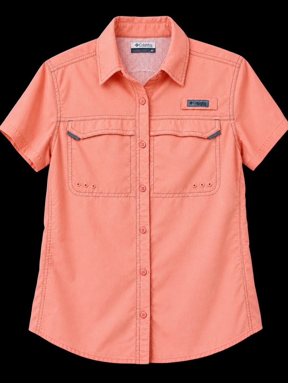 Columbia Women’s PFG Omni Shade Pink Coral Woven Button-Up Short Sleeve Large